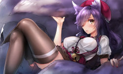 Rule 34 | 1girl, ahri (league of legends), animal ears, bell, black thighhighs, blush, breasts, crossed legs, female focus, fox ears, fox tail, hair over one eye, jingle bell, large breasts, league of legends, long hair, looking at viewer, multiple tails, nail polish, naso4, open mouth, purple hair, solo, tail, thighhighs, yellow eyes
