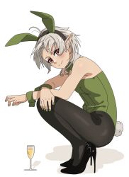 Rule 34 | 1girl, alcohol, animal ears, black footwear, black thighhighs, blush, champagne, commentary, cup, drinking glass, elf, fake animal ears, fake tail, full body, green leotard, green wrist cuffs, high heels, highres, leotard, looking at viewer, mushoku tensei, nail polish, pantyhose, playboy bunny, pointy ears, rabbit ears, rabbit tail, red eyes, ritomizuno, shadow, short hair, simple background, solo, squatting, stiletto heels, sylphiette (mushoku tensei), symbol-only commentary, tail, thighhighs, white background, white hair, wine glass