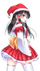 Rule 34 | 1girl, adapted costume, black eyes, black hair, blush, bow, cowboy shot, dated, detached sleeves, from behind, hair tubes, hakurei reimu, hat, highres, long hair, long sleeves, open mouth, red bow, red ribbon, red skirt, ribbon, ribbon-trimmed legwear, ribbon-trimmed sleeves, ribbon trim, santa hat, sidelocks, simple background, skirt, solo, thighhighs, touhou, white background, white thighhighs, wide sleeves, yamaguchi yuu, zettai ryouiki