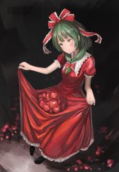 Rule 34 | 1girl, abstract background, apple, black background, black pantyhose, blush, clothes lift, contrapposto, dress, fjsmu, flower, food, foreshortening, front ponytail, fruit, green eyes, green hair, hair ribbon, head tilt, highres, kagiyama hina, lifting own clothes, long hair, looking to the side, no shoes, pantyhose, puffy short sleeves, puffy sleeves, red dress, ribbon, short sleeves, skirt, skirt basket, skirt lift, smile, solo, standing, touhou