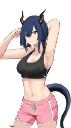 Rule 34 | 1girl, absurdres, ai-bon, arknights, armpits, arms up, bare arms, bare shoulders, blue hair, breasts, ch&#039;en (arknights), cleavage, commentary, cowboy shot, crop top, dolphin shorts, dragon horns, dragon tail, groin, hair between eyes, highres, horns, large breasts, long hair, looking at viewer, midriff, navel, pink shorts, red eyes, shorts, simple background, solo, sports bra, standing, stomach, tail, white background