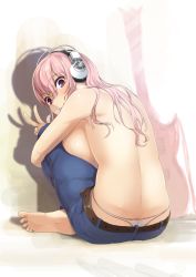 Rule 34 | 1girl, back, bad id, bad pixiv id, barefoot, belt, blush, breasts, butt crack, crossed legs, denim, downpants, from behind, guitar, headphones, huge breasts, instrument, jeans, long hair, looking at viewer, looking back, mouth hold, nitroplus, panties, pants, pink hair, red eyes, shiny skin, sitting, skindentation, solo, super sonico, thong, tomboy, topless, u nagi, underwear, v, whale tail (clothing)