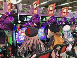 3girls anis_(nikke) arcade_cabinet artist_request beret bodysuit breasts brown_hair goddess_of_victory:_nikke hat highres large_breasts long_hair medium_breasts military_uniform multiple_girls neon_(nikke) neon_genesis_evangelion pachinko photo_(medium) playing_games rapi_(nikke) rei_(nikke) robot short_hair third-party_edit uniform wide_hips