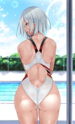 Rule 34 | 1girl, absurdres, ass, azur lane, butt crack, competition swimsuit, cowboy shot, flag print, highres, looking to the side, one-piece swimsuit, open mouth, oriue wato, pool, poolside, purple eyes, short hair, solo, swimsuit, tirpitz (azur lane), wet