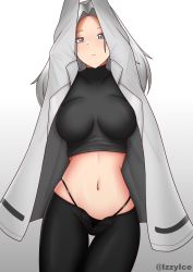 Rule 34 | 1girl, artist name, black panties, black pants, black shirt, breasts, closed mouth, feet out of frame, girls&#039; frontline, grey eyes, grey hair, hands up, highres, izzyice, jacket, lady grey (girls&#039; frontline), large breasts, light blush, long hair, long sleeves, looking at viewer, navel, open clothes, open jacket, panties, pants, shirt, solo, standing, underwear, white background, white jacket