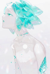 Rule 34 | 1other, amputee, androgynous, aqua eyes, aqua hair, circle, colored eyelashes, completely nude, crack, crescent, highres, houseki no kuni, kattatsu (aadg7828), looking away, moon phases, nude, open mouth, other focus, phosphophyllite, profile, shards, short hair, simple background, solo, upper body