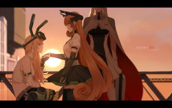 Rule 34 | 3girls, aged up, ahoge, animal ears, black gloves, blonde hair, bow, breasts, brown eyes, cameron maccloud, commentary, company connection, crossover, curly hair, dishwasher1910, dress, english commentary, freckles, gen lock, gloves, green eyes, hair bow, high heels, letterboxed, long hair, medium breasts, multiple girls, orange hair, penny polendina, rabbit ears, rwby, scar, scar across eye, scar on face, smile, thighhighs, very long hair, weiss schnee, white hair