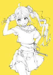 Rule 34 | 1girl, absurdres, ahoge, alternate costume, blush, bocchi the rock!, choker, commentary request, cowboy shot, crop top, curtained hair, drumsticks, fingerless gloves, gloves, greyscale with colored background, group name, hair ribbon, hand on own hip, heart, heart choker, highres, holding, holding drumsticks, ijichi nijika, keechino, looking at viewer, midriff, navel, o-ring, o-ring choker, off shoulder, pleated skirt, ribbon, ringlets, salute, shirt, short sleeves, side ponytail, simple background, skirt, smile, solo, tank top, v-shaped eyebrows, yellow background