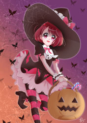 Rule 34 | 1girl, :d, basket, black dress, black hat, bow, bug, butterfly, dress, gradient background, halloween, halloween bucket, halloween costume, hanadera nodoka, hat, hat bow, healin&#039; good precure, highres, holding, holding basket, insect, layered dress, leg up, looking at viewer, open mouth, orange background, pantyhose, pink neckwear, precure, puchinyan2, purple background, red bow, red eyes, red hair, short hair, short sleeves, smile, solo, standing, standing on one leg, striped clothes, striped pantyhose, witch hat