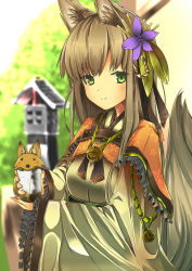 Rule 34 | 1girl, animal ears, bad id, bad pixiv id, bell, blonde hair, cup, flower, fox, fox ears, fox tail, frills, green eyes, hair flower, hair ornament, inabi, japanese clothes, long hair, looking at viewer, original, outdoors, smile, solo, tail, wide sleeves
