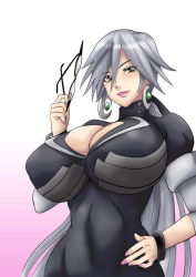 Rule 34 | 00s, 1girl, basquash!, bracelet, breasts, brown eyes, cleavage, cleavage cutout, clothing cutout, crescent, crescent moon, dress, earrings, glasses, grey hair, haruka gracia, huge breasts, jewelry, lips, lipstick, long hair, makeup, moon, nail polish, parted lips, ponytail, smile, solo, sunglasses, sunglasses removed