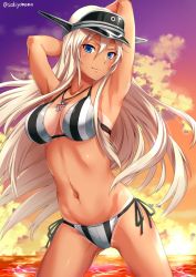 Rule 34 | 10s, 1girl, adapted costume, armpits, arms behind head, arms up, artist name, backlighting, bare arms, bare shoulders, bikini, bismarck (kancolle), black hat, blonde hair, blue eyes, breasts, cleavage, cloud, collarbone, cowboy shot, cross, evening, hair between eyes, hat, horizon, iron cross, jewelry, kantai collection, legs apart, long hair, looking at viewer, medium breasts, navel, necklace, ocean, orange sky, pendant, sakiyamama, side-tie bikini bottom, sky, solo, stomach, striped bikini, striped clothes, sun, sunlight, sunset, swimsuit, tan, tanline, thighs, twitter username, vertical-striped bikini, vertical-striped clothes, very long hair, visor cap, water