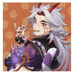 Rule 34 | 1boy, arataki itto, beetle, black nails, border, bug, candy, ear piercing, facepaint, food, genshin impact, grey hair, head tilt, honlo, horns, insect, japanese clothes, lollipop, long hair, looking at viewer, male focus, multicolored hair, nail polish, piercing, pinky out, red eyes, red hair, sample watermark, simple background, solo, spikes, squiggle, upper body, watermark, white border