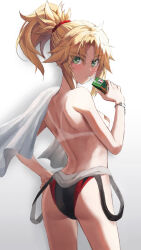 1girl ass back black_one-piece_swimsuit blonde_hair braid breasts commentary_request drinking_straw fate/apocrypha fate_(series) green_eyes hair_ornament hair_scrunchie half_up_braid highleg highleg_one-piece_swimsuit highres juice_box long_hair looking_at_viewer looking_back mordred_(fate) mordred_(fate/apocrypha) one-piece_swimsuit parted_bangs ponytail red_one-piece_swimsuit scrunchie sidelocks small_breasts solo swimsuit tan tanline thighs tonee topless towel two-tone_swimsuit variant_set