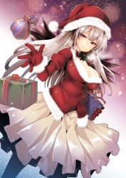Rule 34 | 1girl, blush, bow, bowtie, box, breasts, cleavage, gift, gift box, gloves, hat, highres, large breasts, long hair, parted lips, red eyes, red gloves, rozen maiden, santa costume, santa hat, silver hair, skirt, smile, solo, suigintou, tousen, wings