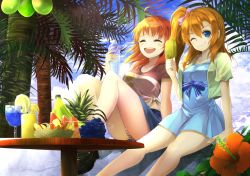 Rule 34 | 2girls, ahoge, alternate costume, banana, blue eyes, bottle, closed eyes, day, dress, drink, flower, food, fruit, glass, grapes, hair ribbon, hibiscus, in-franchise crossover, kosaka honoka, looking at viewer, love live!, love live! school idol project, love live! sunshine!!, multiple girls, one eye closed, open mouth, orange hair, orein, outdoors, palm tree, popsicle, ribbon, short hair, side ponytail, sitting, skirt, smile, table, takami chika, tree, water bottle, watermelon