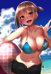 Rule 34 | 1girl, :d, armpits, bad id, bad pixiv id, ball, bare shoulders, beachball, bikini, black shorts, blue bikini, blue sky, breasts, brown eyes, brown hair, cleavage, cloud, collarbone, commentary request, day, earrings, floral print, hair ornament, hairclip, halterneck, halterneck, hand up, highres, jewelry, large breasts, looking at viewer, navel, ocean, open fly, open mouth, original, outdoors, rerrere, short hair, short shorts, shorts, side-tie bikini bottom, sidelocks, sky, smile, solo, stomach, strap pull, sunlight, swimsuit, upper body, wet
