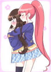 Rule 34 | 2girls, absurdres, aged up, black legwear, blazer, blue eyes, blue jacket, blue skirt, blunt bangs, blush, border, brown hair, clenched teeth, closed eyes, closed mouth, commentary, cowboy shot, embarrassed, floral background, flower (symbol), from side, high ponytail, highres, hug, hug from behind, interlocked fingers, jacket, kankitsu okaori, kurosu aroma, long hair, multiple girls, necktie, nose blush, open mouth, own hands together, paprika private academy school uniform, pink border, pink lips, plaid, plaid skirt, pleated skirt, ponytail, pretty series, pripara, red hair, red neckwear, school uniform, shiratama mikan, skirt, sweater vest, teeth, thighhighs, very long hair, wide-eyed, yellow sweater vest, yuri