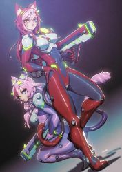 Rule 34 | 2girls, animal ears, armor, bodysuit, breastplate, breasts, cat ears, cat tail, dutch angle, facial mark, fictional persona, final fantasy, final fantasy xiv, gun, hand on own hip, heterochromia, highres, holding, holding gun, holding weapon, kionaoki, long hair, making-of available, medium breasts, miqo&#039;te, multiple girls, pink hair, red hair, sabrith ebonclaw, scar, scar across eye, scar on face, scar on nose, shoulder armor, signature, squatting, standing, standing on one leg, tail, tayelle ebonclaw, warrior of light (ff14), weapon, whisker markings