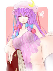 Rule 34 | 1girl, bad id, bad pixiv id, bare shoulders, book, bottomless, bow, breasts, camisole, chestnut mouth, covered erect nipples, curvy, female focus, hat, highres, hsuliherng, large breasts, long hair, patchouli knowledge, purple eyes, purple hair, solo, squiggle, strap slip, thighhighs, touhou, white thighhighs, wince