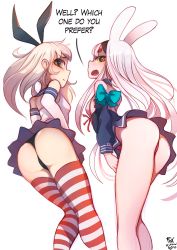 Rule 34 | 2girls, animal ears, artist name, ass, azur lane, black eyes, black hairband, black panties, blonde hair, blue skirt, brown eyes, commentary, crop top, crossover, elbow gloves, english commentary, english text, feet out of frame, foxinshadow, gloves, hairband, highres, historical name connection, kantai collection, long hair, long sleeves, looking at viewer, microskirt, miniskirt, multiple girls, name connection, panties, rabbit ears, red panties, shimakaze (azur lane), shimakaze (kancolle), simple background, skirt, standing, striped clothes, striped legwear, striped thighhighs, thighhighs, underwear, white background, white gloves, white hair