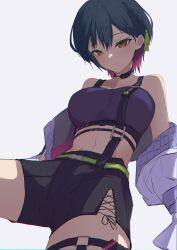 Rule 34 | 1girl, absurdres, bare shoulders, belt, black choker, black hair, black shorts, braid, brown eyes, bustier, choker, closed mouth, french braid, gradient hair, green belt, highres, jacket, kaekae kaeru, light smile, looking at viewer, midriff, multicolored hair, navel, nijisanji, off shoulder, official alternate costume, open clothes, open jacket, purple hair, purple shirt, shirt, short hair, shorts, side slit, simple background, solo, stomach, suspenders, thigh strap, virtual youtuber, white background, white jacket, yamagami karuta