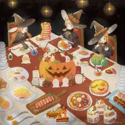 Rule 34 | 3girls, black headwear, bread, butter, candle, doughnut, drinking straw, flower, food, french fries, fumi futamori, hat, hat flower, jack-o&#039;-lantern, leaf, long hair, meat, multiple girls, orange hair, original, pancake, pie, pizza, plate, pumpkin, red flower, red rose, rose, signature, smile, spoon, pancake stack, twintails, white flower, white rose, witch, witch hat