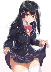 Rule 34 | 1girl, absurdres, black hair, black jacket, black skirt, blue eyes, bow, bowtie, breasts, clothes lift, cowboy shot, dress shirt, gradient background, hair ornament, highres, jacket, lifted by self, long hair, long sleeves, looking at viewer, medium breasts, miniskirt, nijisanji, panties, pleated skirt, red bow, red bowtie, school uniform, shirt, shunichi, skirt, skirt lift, smile, solo, standing, string panties, sweater, thighhighs, tsukino mito, tsukino mito (1st costume), twitter username, underwear, virtual youtuber, white shirt, white thighhighs, zettai ryouiki