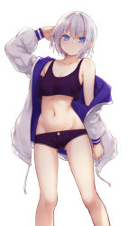 Rule 34 | 1girl, arm up, bare legs, blue eyes, breasts, cleavage, closed mouth, collarbone, commentary request, crop top, feet out of frame, gluteal fold, highres, jacket, long sleeves, looking at viewer, micro shorts, navel, off shoulder, oozora itsuki, open clothes, open jacket, original, purple shorts, short hair, short shorts, shorts, silver hair, simple background, single bare shoulder, small breasts, solo, standing, stomach, white background, white jacket