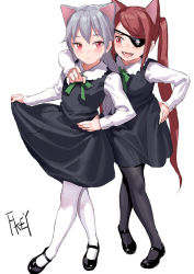Rule 34 | 2girls, :d, animal ears, arm around neck, artist name, black dress, black footwear, black legwear, blush, cat ears, chinese commentary, commentary request, dress, eyepatch, feiqizi (fkey), fkey, full body, green ribbon, hair between eyes, hand on own hip, highres, long hair, looking at another, mary janes, multiple girls, neck ribbon, open mouth, original, pantyhose, pink eyes, red eyes, red hair, ribbon, shirt, shoes, signature, silver hair, simple background, skirt hold, skull print, smile, standing, swept bangs, twintails, very long hair, white background, white legwear, white shirt