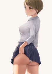 Rule 34 | 1girl, absurdres, ano (gccx8784), ass, back, backlighting, bad id, bad pixiv id, blonde hair, blue skirt, blush, breasts, brown eyes, clothes lift, covered erect nipples, cowboy shot, dress shirt, dripping, from behind, highres, lifted by self, looking away, medium breasts, no bra, original, panties, parted lips, pleated skirt, school uniform, see-through silhouette, shirt, short hair, simple background, skirt, skirt lift, sleeves rolled up, solo, sweat, twisted torso, underwear, white panties, white shirt
