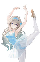 Rule 34 | 1girl, absurdres, armpits, arms up, athletic leotard, ballerina, ballet slippers, blue bow, blue hairband, blue leotard, bow, commentary, firefly (honkai: star rail), foka (beginner), grey hair, hair bow, hairband, highres, honkai: star rail, honkai (series), leotard, long hair, looking at viewer, purple eyes, see-through, see-through skirt, simple background, skirt, smile, solo, standing, standing on one leg, white background, yellow footwear