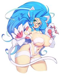 Rule 34 | 1girl, absurdres, animal ears, bespectacled, blue hair, breasts, capcom, cat ears, cat tail, choker, claws, commentary, english commentary, felicia (vampire), glasses, green eyes, highres, large breasts, long hair, looking at viewer, navel, open mouth, round eyewear, simple background, slugbox, solo, tail, teeth, tongue, tongue out, upper teeth only, vampire (game), white background, white choker
