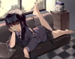 Rule 34 | 1girl, barefoot, black hair, black ribbon, black skirt, blue bow, bow, collared shirt, commentary, computer, cookie (touhou), couch, drawer, earrings, full body, hair bow, head rest, highres, indoors, jacket, jewelry, laptop, long hair, long sleeves, looking at viewer, lying, neck ribbon, on stomach, open mouth, purple eyes, purple jacket, ribbon, rizeass, shirt, shunga youkyu, skirt, solo, star (symbol), star earrings, star sapphire, the pose, touhou, white shirt, window
