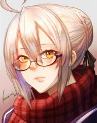 Rule 34 | 1girl, ahoge, artoria pendragon (fate), black-framed eyewear, black ribbon, braid, brown background, brown hair, closed mouth, commentary request, fate/grand order, fate (series), glasses, gradient background, grey background, hair between eyes, hair bun, hair ribbon, highres, kosumi, looking at viewer, mysterious heroine x alter (fate), mysterious heroine x alter (first ascension) (fate), plaid, plaid scarf, red scarf, ribbon, scarf, semi-rimless eyewear, sidelocks, signature, single hair bun, solo, under-rim eyewear, upper body, yellow eyes