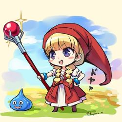 Rule 34 | 1girl, :d, blonde hair, blush stickers, bow, bracelet, braid, chibi, dragon quest, dragon quest xi, dress, fujimaru (green sparrow), full body, hand on own hip, hat, jewelry, lowres, open mouth, puffy short sleeves, puffy sleeves, purple eyes, red hat, short sleeves, slime (dragon quest), smile, solo, standing, twin braids, twitter username, v-shaped eyebrows, veronica (dq11), waist bow