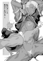 Rule 34 | 1girl, bracelet, breasts, buru standin, capcom, clothes lift, dark-skinned female, dark skin, earrings, elena (street fighter), highres, japanese text, jewelry, legs apart, mature female, one breast out, pubic hair, pussy, shirt, shirt lift, short hair, street fighter, thong, translation request, white hair