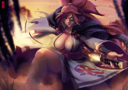 Rule 34 | 1girl, amputee, baiken, breasts, cleavage, commentary, eyepatch, facial tattoo, facing viewer, fighting stance, guilty gear, guilty gear xrd, high collar, japanese clothes, katana, kimono, large breasts, long hair, one-eyed, on one knee, open clothes, open kimono, pink eyes, pink hair, ponytail, reverse grip, ruben de vela, scabbard, scar, scar across eye, scar on face, serious, sheath, solo, sword, tattoo, unsheathing, weapon