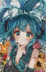 Rule 34 | 1girl, aqua bow, aqua eyes, aqua hair, aqua nails, bad id, bad twitter id, bare shoulders, black sleeves, blush, body writing, bow, cinnamiku, collared shirt, commentary, dated, detached sleeves, floral background, flower, frilled shirt collar, frilled sleeves, frills, grey shirt, hair bow, hair ornament, hand on own chin, hatsune miku, headset, heart, highres, looking at viewer, nail polish, ofgwr, open mouth, sanrio, shirt, signature, solo, sunflower, updo, upper body, v, vocaloid