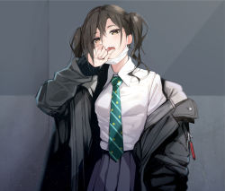 Rule 34 | 1girl, :o, black jacket, black skirt, breasts, brown eyes, brown hair, collared shirt, commentary request, fed (giba), finger in own mouth, green necktie, hair between eyes, hand up, head tilt, highres, idolmaster, idolmaster cinderella girls, jacket, light particles, long hair, long sleeves, looking at viewer, mask, medium breasts, miniskirt, mole, mole under eye, mouth mask, necktie, off shoulder, open clothes, open jacket, open mouth, pleated skirt, school uniform, sharp teeth, shirt, sidelocks, skirt, sleeves past wrists, solo, standing, striped necktie, striped neckwear, sunazuka akira, teeth, tongue, twintails, upper body, wavy hair, white shirt
