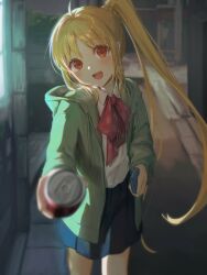 Rule 34 | 1girl, ahoge, blonde hair, blush, bocchi the rock!, bow, bowtie, can, collared shirt, cowboy shot, dekalco, drink can, giving, highres, holding, holding wallet, hood, hooded jacket, ijichi nijika, incoming drink, jacket, light, long hair, night, open clothes, open jacket, open mouth, outdoors, pleated skirt, reaching, reaching towards viewer, red bow, red eyes, road, shirt, side ponytail, sidelocks, skirt, smile, soda can, solo, street, very long hair, wallet, white shirt