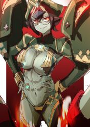 Rule 34 | 1girl, :d, absurdres, black hair, border, breasts, cleavage, core crystal (xenoblade), fire, glasses, green skirt, grin, highres, large breasts, looking at viewer, muscular, muscular female, navel, newt (xenoblade), open mouth, red background, red eyes, revealing clothes, round eyewear, short hair, shrug (clothing), skirt, smile, solo, stomach, teeth, to (tototo tk), tsurime, v-shaped eyebrows, white border, xenoblade chronicles (series), xenoblade chronicles 2