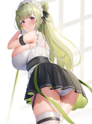 Rule 34 | 1girl, ass, bare shoulders, black ribbon, black skirt, blush, breasts, closed mouth, from behind, futon fly away, gloves, goddess of victory: nikke, green hair, hair ornament, hair ribbon, highres, large breasts, long hair, looking at viewer, looking back, maid headdress, panties, purple eyes, ribbon, sidelocks, skirt, smile, soda (nikke), solo, thighhighs, thighs, underwear, white gloves, white headwear, white panties, white thighhighs