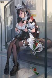 Rule 34 | 1girl, animal ears, apron, backpack, bag, black apron, black footwear, black hair, black ribbon, breasts, bridal garter, brown pantyhose, chinese commentary, chinese text, commentary request, detached collar, dm (dai miao), dress, fish, food, frilled hairband, frills, full body, hair ornament, hair ribbon, hairband, hairclip, highres, holding strap, large breasts, long hair, looking away, neck ribbon, off-shoulder dress, off shoulder, original, pantyhose, puffy short sleeves, puffy sleeves, red eyes, ribbon, short sleeves, sitting, solo, tail around own leg, tomato, train interior, translation request, twintails, white dress