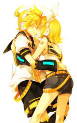 Rule 34 | 1boy, 1girl, blonde hair, brother and sister, closed eyes, hair ornament, hair ribbon, hairclip, headphones, hetero, hug, incest, kagamine len, kagamine rin, kiss, kissing nose, noses touching, ribbon, short hair, shorts, siblings, simple background, smile, twincest, twins, vocaloid, yukkii