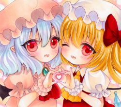 Rule 34 | 2girls, ascot, bat wings, blush, brooch, cheek-to-cheek, collared shirt, commentary request, fang, flandre scarlet, frilled sleeves, frills, green brooch, hair between eyes, hat, heads together, heart, heart hands, heart hands duo, highres, jewelry, looking at viewer, marker (medium), medium hair, mob cap, multiple girls, one eye closed, open mouth, pink headwear, pink shirt, pointy ears, puffy short sleeves, puffy sleeves, red ascot, red eyes, red vest, remilia scarlet, shirt, short sleeves, siblings, side ponytail, sisters, skin fang, touhou, traditional media, upper body, vest, white headwear, white shirt, wings, wrist cuffs, yellow ascot, yuuki hana (jtnp5334)