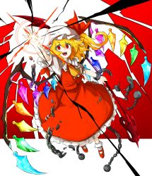 Rule 34 | 1girl, ascot, bad id, bad pixiv id, ball and chain restraint, blonde hair, bow, breaking, broken, broken chain, chain, collar, crazy eyes, energy, fangs, flandre scarlet, frilled collar, frilled shirt collar, frilled skirt, frills, full body, hand up, hat, hat bow, highres, kankan33333, laevatein, mob cap, open mouth, red background, red footwear, red skirt, red vest, shoes, short hair, side ponytail, skirt, skirt set, smile, solo, teeth, tongue, touhou, two-tone background, vest, white background, white legwear, wings