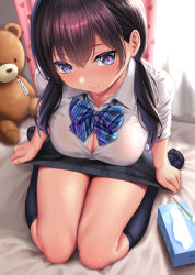 Rule 34 | 1girl, black hair, black skirt, black socks, blue bow, blue bowtie, blue eyes, blush, bow, bowtie, breasts, button gap, cleavage, closed mouth, collared shirt, commentary request, curtains, full body, hair between eyes, heart, indoors, kase daiki, kneehighs, large breasts, long hair, looking at viewer, low twintails, original, seiza, shirt, short sleeves, sitting, skirt, smile, socks, solo, striped bow, striped bowtie, striped clothes, striped neckwear, stuffed animal, stuffed toy, teddy bear, thighs, tissue box, twintails, white shirt