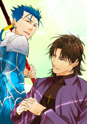 Rule 34 | 2boys, bad id, bad pixiv id, blue hair, brown eyes, brown hair, cross, cu chulainn (fate), earrings, fangs, fate/stay night, fate (series), folded hands, gae bolg (fate), hali, own hands clasped, highres, jewelry, kotomine kirei, cu chulainn (fate/stay night), male focus, multiple boys, necklace, own hands together, polearm, red eyes, smile, spear, weapon