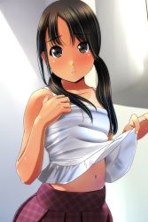 Rule 34 | 1girl, bare arms, bare shoulders, black eyes, black hair, blush, brown skirt, camisole, camisole lift, clothes lift, commentary request, head tilt, highres, lifting own clothes, long hair, looking at viewer, matsunaga kouyou, navel, original, parted lips, plaid, plaid skirt, pleated skirt, skirt, solo, twintails, white camisole